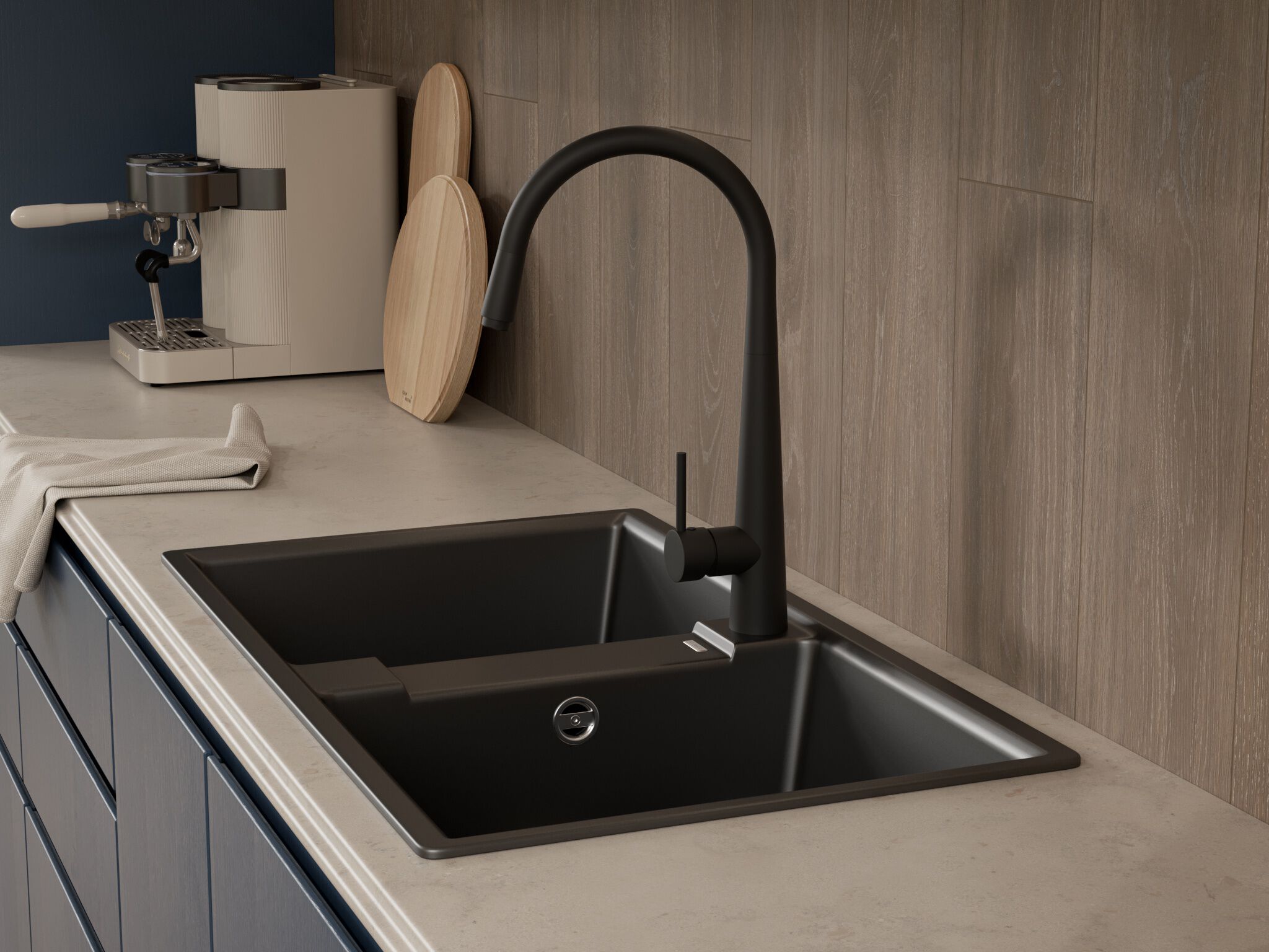 Llave monomando retr&aacute;ctil para cocina l&iacute;nea P&iacute;vot&reg; en negro mate,,hi-res image number null