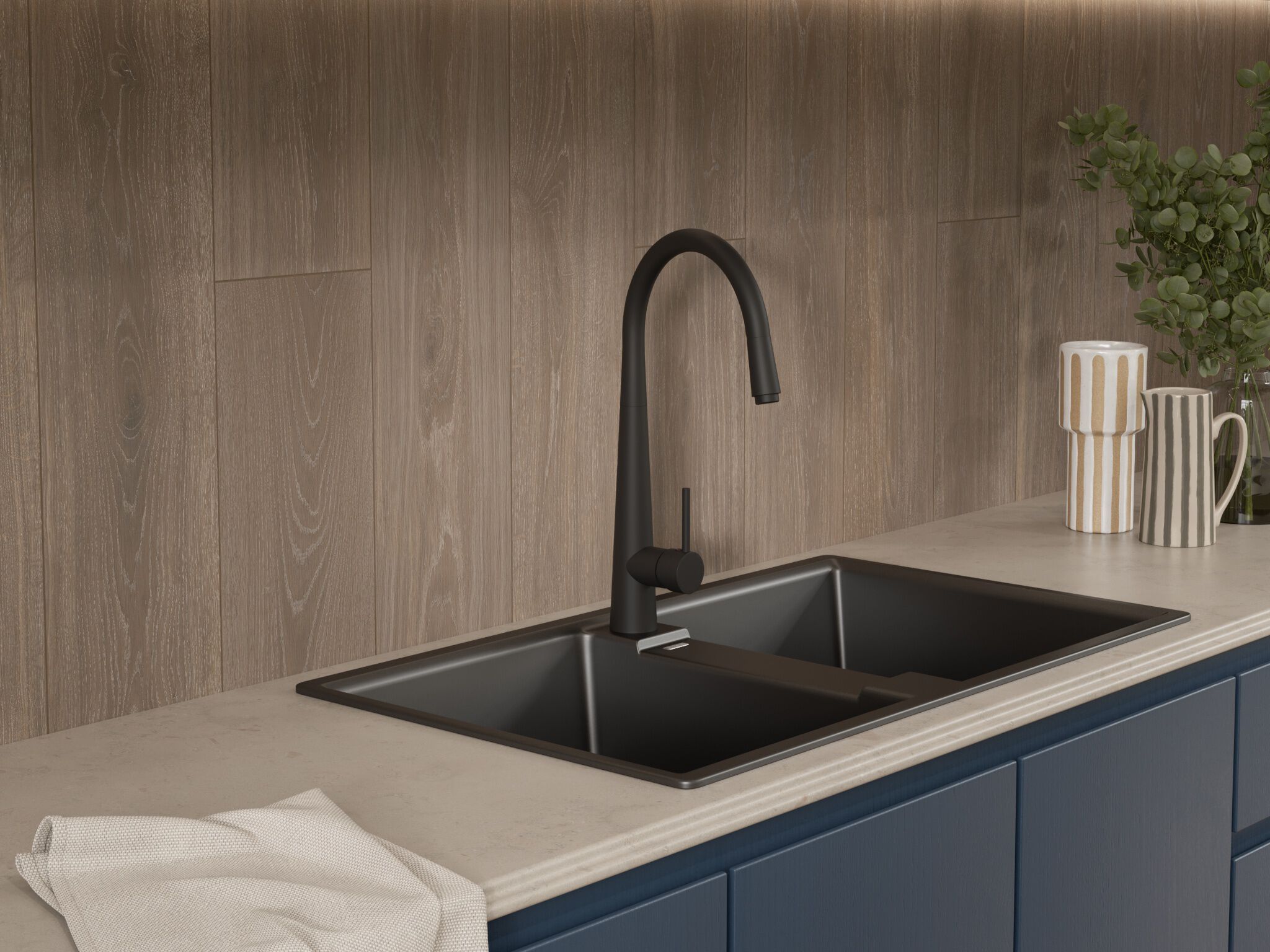 Llave monomando retr&aacute;ctil para cocina l&iacute;nea P&iacute;vot&reg; en negro mate,,hi-res image number null