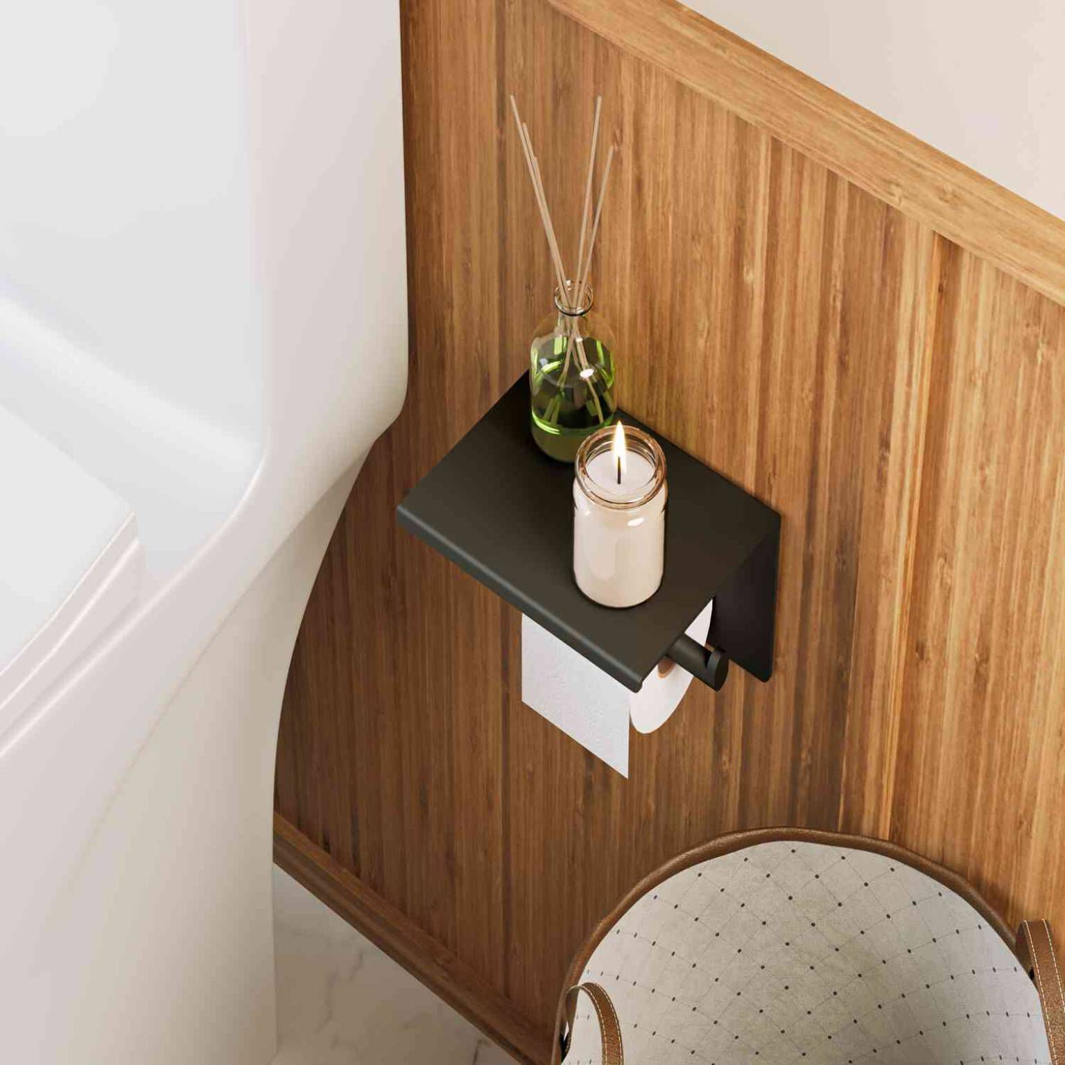 Porta papel con repisa para baño línea Essen Round en negro mate,,hi-res image number null