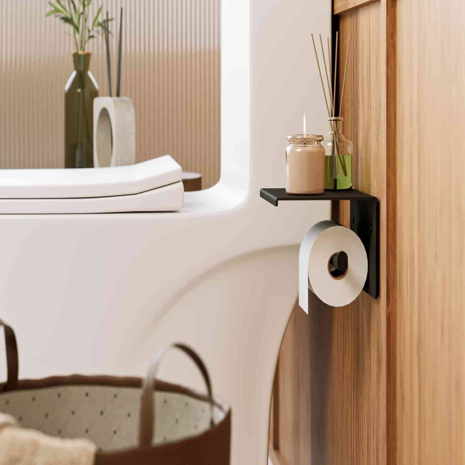 Porta papel con repisa para baño línea Essen Round en negro mate,,hi-res image number null